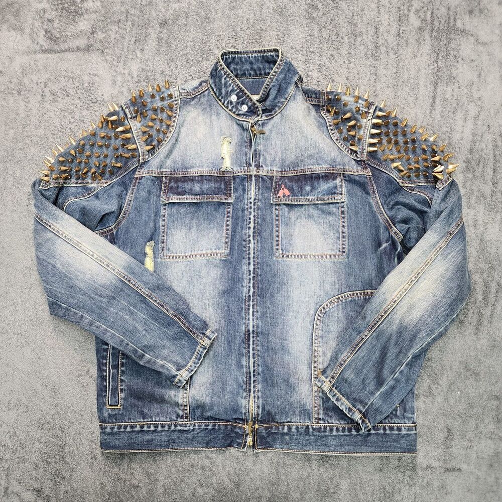 Men's Redtag Brand Motorcycle Style Jean Jacket Distressed/Gold Spikes Size 2XL